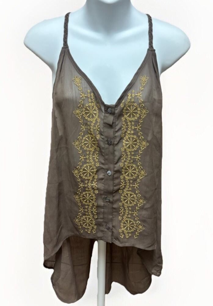 Double Zero Womens Sheer Tank Top Size Medium Brown New Embroidered High Low